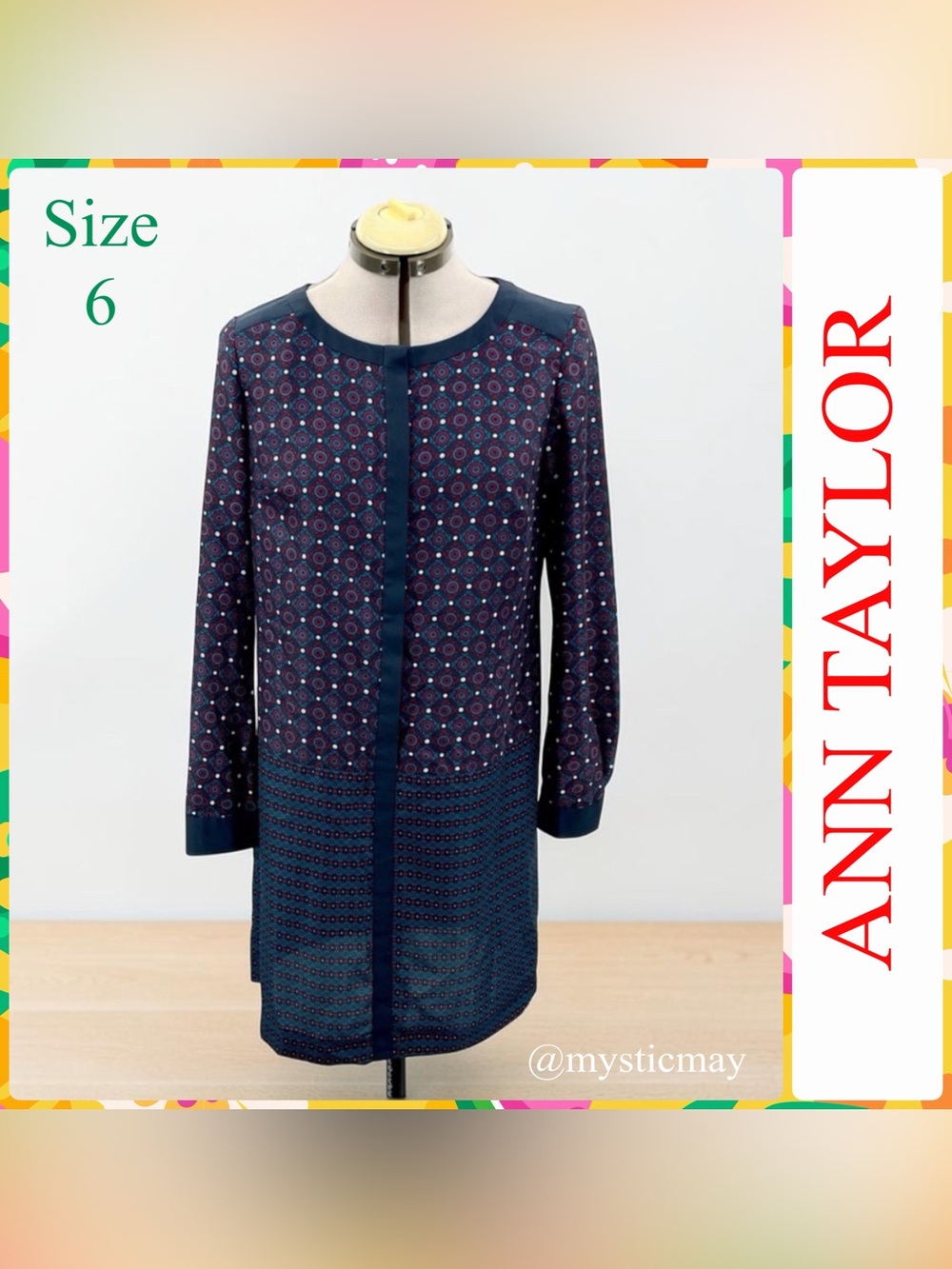 ANN TAYLOR Navy Blue w Red Medallion Print Long Sleeve Shift Dress Size 6 or S